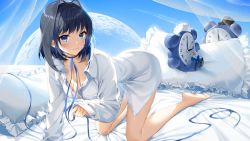 Rule 34 | 1girl, all fours, bare legs, barefoot, black hair, blue choker, blue eyes, breasts, choker, cleavage, clock, closed mouth, collared shirt, hair intakes, highres, hololive, hololive english, long sleeves, looking at viewer, medium breasts, naked shirt, ouro kronii, partially unbuttoned, pillow, ribbon choker, satchely, shirt, short hair, smile, solo, thighs, virtual youtuber, white shirt