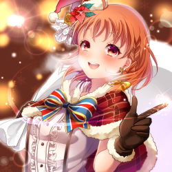 Rule 34 | 1girl, :d, absurdres, bag, bow, bowtie, braid, breasts, brown gloves, brown hair, capelet, dress shirt, earrings, flower, fur-trimmed capelet, fur-trimmed gloves, fur-trimmed headwear, fur trim, gift bag, gloves, hair flower, hair ornament, hat, highres, holding, holding bag, index finger raised, jewelry, lens flare, looking at viewer, love live!, love live! sunshine!!, open mouth, red capelet, red eyes, red flower, red hat, santa hat, shirt, short hair, shuga (0329tixi), sleeveless, small breasts, smile, solo, sparkle, star (symbol), star earrings, striped bow, striped bowtie, striped clothes, striped neckwear, suspenders, takami chika, upper body, white shirt