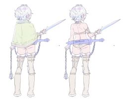 Rule 34 | 1girl, absurdres, arm strap, ass, back, ball and chain (weapon), bare shoulders, boots, bracer, brown panties, butt crack, chain, closed mouth, contrapposto, enkyo yuuichirou, facing away, from behind, fur trim, highres, holding, holding sword, holding weapon, multiple views, original, panties, short hair, simple background, sword, thigh boots, thighhighs, underwear, weapon, white background, white hair