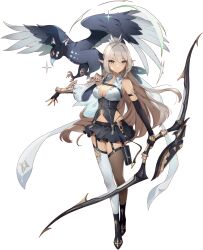 Rule 34 | 1girl, asymmetrical legwear, bare shoulders, belt, bird, black footwear, black gloves, black skirt, black thighhighs, bow (weapon), bracer, breasts, brown eyes, brown hair, cleavage, dark-skinned female, dark skin, elbow gloves, elf, eversoul, full body, game cg, garter straps, gloves, hair between eyes, highres, holding, holding bow (weapon), holding weapon, long hair, long sleeves, looking to the side, medium breasts, midriff, multiple belts, navel, nicole (eversoul), non-web source, official art, open clothes, pet, pointy ears, ponytail, redesign, shirt, single bracer, single sleeve, single vambrace, skirt, smile, solo, standing, tachi-e, thighhighs, transparent background, vambraces, weapon, white shirt, white thighhighs, zettai ryouiki