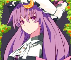 Rule 34 | 1girl, bad id, bad pixiv id, chirigami-san, crescent, crescent hair ornament, expressionless, female focus, food, fruit, hair ornament, hat, long hair, orange (fruit), parody, patchouli knowledge, purple eyes, purple hair, solo, touhou, upper body