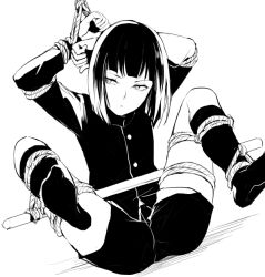 Rule 34 | 1boy, arms up, bdsm, bishounen, blunt bangs, bob cut, bondage, bound, bound legs, bound wrists, closed mouth, greyscale, half-closed eyes, locon, male focus, monochrome, original, restrained, rope, simple background, solo, spread legs, uniform, white background