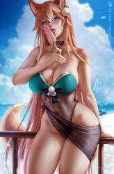 Rule 34 | 1girl, animal ears, bare shoulders, blonde hair, blue eyes, blurry, blurry background, breasts, choker, commentary, day, dog ears, dog tail, english commentary, food, genshin impact, gradient hair, hair between eyes, hair ornament, hina (genshin impact), large breasts, leotard, long hair, multicolored hair, navel, olchas, outdoors, pink hair, pom pom (clothes), pom pom hair ornament, popsicle, pubic tattoo, sarong, see-through, solo, strapless, strapless leotard, tail, tattoo, tongue, tongue out, very long hair