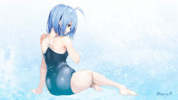 Rule 34 | 1girl, ahoge, ass, bare legs, barefoot, blue eyes, blue hair, blue theme, closed mouth, competition school swimsuit, dlsite.com, elle sweet, feet, from behind, full body, hair between eyes, hand up, highres, one-piece swimsuit, parsley-f, plantar flexion, profile, school swimsuit, short hair, sidelocks, sitting, soles, solo, swimsuit, thighs, toes, wallpaper, watermark, web address, wet