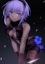 Rule 34 | 1girl, bare shoulders, black gloves, black legwear, breasts, closed mouth, dagger, dark-skinned female, dark skin, fate/prototype, fate/prototype: fragments of blue and silver, fate (series), flower, gloves, gradient background, hairband, hassan of serenity (fate), holding, holding weapon, knife, looking at viewer, medium breasts, minamina, navel, purple eyes, purple flower, purple hair, short hair, solo, weapon