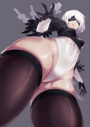 Rule 34 | 1girl, black thighhighs, blindfold, cameltoe, dev (dev0614), feather-trimmed sleeves, from below, gloves, highleg, highleg leotard, highres, leotard, looking down, making-of available, mole, mole under mouth, nier (series), nier:automata, pod (nier:automata), short hair, silhouette, silver hair, skindentation, solo, thighhighs, 2b (nier:automata)
