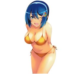 Rule 34 | 1girl, 7-tan, ;d, arms behind back, bikini, blue eyes, blue hair, blush, breasts, cleavage, collarbone, cowboy shot, female focus, hair between eyes, hair ornament, hairband, hairclip, highres, large breasts, leaning forward, legs together, madobe nanami, matching hair/eyes, one eye closed, open mouth, orange bikini, os-tan, parted bangs, short hair, side-tie bikini bottom, smile, solo, standing, swimsuit, thighs, third-party edit, wakaba sprout, white background