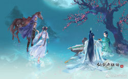 Rule 34 | 2boys, 2girls, bai moqing (xian jian qi xia zhuan 7), black hair, cup, cupping glass, hair rings, highres, holding hands, horse, jar, moon, multiple boys, multiple girls, ribbon, rock, sitting, sword, tree, twintails, weapon, wu huaizai, xian jian qi xia zhuan (series), xianjian qixia zhuan, xianjian qixia zhuan 7, yue qingshu (xian jian qi xia zhuan 7)