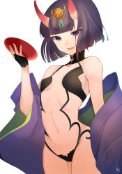 Rule 34 | 1girl, artist request, bad id, bad pixiv id, bare shoulders, blush, bob cut, breasts, collarbone, cup, eyeliner, fate/grand order, fate (series), headpiece, highres, horns, japanese clothes, kimono, long sleeves, looking at viewer, makeup, navel, off shoulder, oni, open clothes, open kimono, open mouth, purple eyes, purple hair, purple kimono, revealing clothes, sakazuki, short eyebrows, short hair, shuten douji (fate), simple background, skin-covered horns, small breasts, smile, solo, white background, wide sleeves