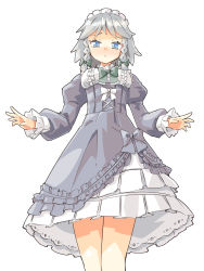 Rule 34 | 1girl, alternate costume, arnest, black dress, blue eyes, blush, bow, bowtie, braid, breasts, cowboy shot, dress, frills, green bow, green bowtie, grey hair, hair bow, highres, izayoi sakuya, juliet sleeves, layered dress, long sleeves, looking at viewer, maid headdress, puffy sleeves, short hair, simple background, solo, touhou, twin braids, white background, white dress