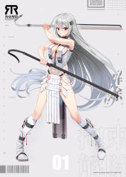 Rule 34 | &gt;:(, 1girl, absurdres, ahoge, arm up, artist name, barcode, bare arms, bare shoulders, between breasts, blush, boots, breast curtains, breasts, cleavage, closed mouth, dual wielding, english text, fighting stance, full body, grey background, groin, hair between eyes, highres, holding, holding weapon, knee boots, kneehighs, long hair, looking at viewer, medium breasts, navel, original, qr code, red eyes, revealing clothes, see-through, serious, silver hair, skindentation, socks, solo, standing, straight hair, taiga (ryukyu-6102-8), translation request, very long hair, weapon, white footwear, white socks