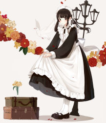 Rule 34 | 1girl, absurdres, animal, apron, bad id, bad pixiv id, bird, black dress, black footwear, black hair, blush, brown eyes, clothes lift, dove, dress, dress lift, floating hair, flower, frilled apron, frills, full body, grey background, hair ribbon, highres, lamppost, long dress, long hair, long sleeves, looking at viewer, low twintails, luggage, maid, maid apron, maid headdress, mary janes, orange flower, original, parted lips, petals, ponytail, puffy sleeves, red flower, ribbon, rose, shadow, shii (kairi-t-k0317), shoes, sidelocks, solo, standing, suitcase, tareme, twintails, victorian maid, white apron, white flower, white legwear, white ribbon