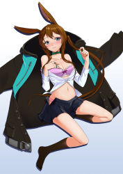 Rule 34 | 1girl, amiya (arknights), animal ears, arknights, bare shoulders, black coat, black skirt, black socks, blue background, blue eyes, blush, bra, breasts, brown hair, cleavage, closed mouth, coat, unworn coat, collarbone, commentary, daika!!, embarrassed, english commentary, from above, full body, furrowed brow, gradient background, hand on own chest, highres, jewelry, long hair, looking at viewer, lying, medium breasts, midriff, miniskirt, multiple rings, navel, neck ring, off shoulder, on back, open clothes, open shirt, panties, partially unbuttoned, pink bra, pink panties, pleated skirt, ponytail, rabbit ears, ring, shirt, sidelocks, simple background, skirt, socks, solo, underwear, white background, white shirt