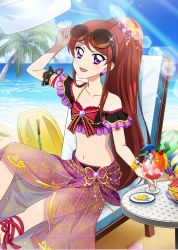 Rule 34 | 1girl, adjusting eyewear, aikatsu!, aikatsu! (series), aikatsu! photo on stage!!, ankle ribbon, bandeau, beach, beads, bow, brown hair, butterfly hair ornament, chain, cocktail, cocktail glass, cocktail umbrella, cup, day, drinking glass, earrings, food, frills, fruit, hair ornament, head tilt, holding, holding cup, holding drinking glass, jewelry, lace, leg ribbon, long hair, melon, navel, ocean, outdoors, palm tree, ponytail, purple eyes, ribbon, sand, sarong, shibuki ran, sitting, smile, solo, sparkle, sunglasses, sunlight, surfboard, swept bangs, table, tree, tropical drink, very long hair, water, watermelon, wine glass