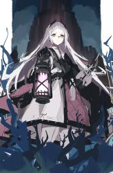 Rule 34 | 1girl, absurdres, arknights, black gloves, black jacket, closed mouth, earrings, gloves, grey eyes, grey hair, head wings, high-waist skirt, highres, holding, holding lantern, holding sword, holding weapon, irene (arknights), jacket, jewelry, lantern, layered skirt, long hair, long sleeves, looking down, monster, pantyhose, purple skirt, scar, scar across eye, scar on face, skirt, solo, standing, sword, v-shaped eyebrows, very long hair, w4 avn, weapon, white pantyhose, white skirt, wings
