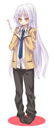 Rule 34 | 10s, 1girl, alternate costume, angel beats!, blazer, blue hair, blush, clenched hand, crossdressing, flat chest, frown, full body, hands on own chest, jacket, loafers, long hair, looking away, necktie, pants, parted bangs, ponytail, regu (reg95), school uniform, shoes, sidelocks, simple background, sleeves past wrists, solo, standing, tenshi (angel beats!), very long hair, white background, white hair, yellow eyes
