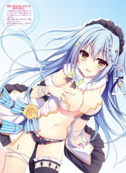 Rule 34 | 1girl, :d, arm at side, black panties, black thighhighs, blue hair, bow, bow panties, braid, breasts, cleavage, cowboy shot, dengeki moeou, detached sleeves, dress, fang, flower, frilled panties, frilled thighhighs, frills, fur-trimmed sleeves, fur trim, hair between eyes, hair flower, hair ornament, hair ribbon, hairband, hairclip, hand up, highres, lace-up, large breasts, lolita hairband, long hair, looking at viewer, matsumiya kiseri, midriff, navel, open mouth, original, panties, revealing clothes, ribbon, scan, side braid, single thighhigh, sitting, smile, snowflake hair ornament, solo, spread legs, standing, thigh strap, thighhighs, underwear, very long hair, yellow eyes, yellow flower
