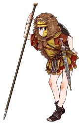 Rule 34 | 1girl, armor, black hair, blue eyes, dongsa wonhyong, full body, gladius, greco-roman clothes, helmet, highres, holding, holding polearm, holding spear, holding weapon, lion pelt, looking at viewer, original, pelt, polearm, roman clothes, roman empire, sandals, scabbard, sheath, sheathed, shield, soldier, solo, spear, weapon, white background