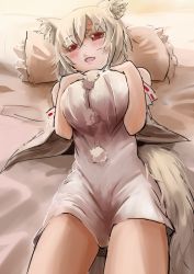 Rule 34 | 1girl, animal ears, blush, breasts, detached sleeves, female focus, frilled pillow, frills, inubashiri momiji, large breasts, lying, on back, pillow, red eyes, short hair, sinzan, solo, tail, touhou, white hair, wolf ears, wolf tail