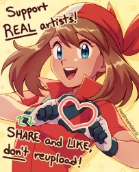 Rule 34 | 1girl, :d, artist name, bandana, black gloves, blue eyes, brown hair, commentary, creatures (company), english commentary, english text, eyelashes, game freak, gloves, heart, heart hands, laura jimenez, like and retweet, looking at viewer, may (pokemon), nintendo, open mouth, pokemon, pokemon (anime), pokemon rse (anime), red bandana, red shirt, shirt, short sleeves, smile, solo, star (symbol), teeth, two-tone gloves, upper body, upper teeth only, white gloves, yellow background