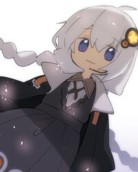 Rule 34 | 1girl, black coat, black dress, blue eyes, braid, brown collar, closed mouth, coat, collar, collared shirt, commentary request, cowboy shot, dress, dutch angle, flat chest, grey hair, hair between eyes, hair ornament, headset, kizuna akari, long hair, looking at viewer, nahori (hotbeans), open clothes, open coat, shirt, simple background, smile, solo, twin braids, very long hair, vocaloid, voiceroid, white background, white shirt