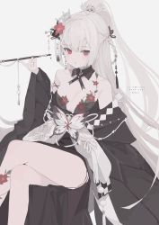 Rule 34 | 1girl, 33bun3, absurdres, black nails, blush, braid, commission, crossed legs, detached collar, flower, flower tattoo, grey background, grey hair, hair ornament, highres, holding, kiseru, long hair, long sleeves, looking at viewer, nail polish, one side up, original, parted lips, pom pom (clothes), red eyes, red flower, see-through, sitting, skeb commission, smoking pipe, solo, tassel, tassel hair ornament, tattoo, twitter username, very long hair, wide sleeves