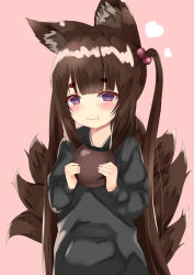 Rule 34 | 1girl, :t, alternate costume, amagi-chan (azur lane), animal ears, azur lane, blunt bangs, blush, brown hair, casual, commentary request, contemporary, eating, food, food request, fox ears, fox girl, fox tail, hair ribbon, heart, highres, holding, holding food, hood, hooded sweater, hoodie, kasumasu (tales75), kitsune, kyuubi, long hair, long sleeves, looking at viewer, multiple tails, pink background, pocket, purple eyes, ribbon, sidelocks, simple background, solo, sweater, tail, thick eyebrows, twintails