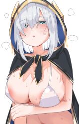 1girl :o areola_slip arm_under_breasts ars_almal bikini black_cloak blue_eyes blush breasts breath cloak hair_between_eyes hair_over_one_eye highres hood hood_up hooded_cloak hot large_breasts looking_at_viewer looking_down micro_bikini nijisanji short_hair simple_background solo sweat sweetslove198 swimsuit virtual_youtuber white_background white_bikini white_hair