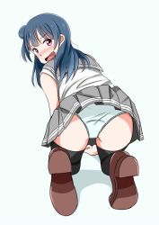 Rule 34 | 1girl, artist request, ass, black hair, black thighhighs, blue panties, blush, brown footwear, downscaled, embarrassed, kneeling, looking at viewer, looking back, love live!, love live! sunshine!!, md5 mismatch, panties, pantyshot, resized, school uniform, shoe soles, shoes, simple background, solo, thighhighs, tsushima yoshiko, underwear, upskirt, uranohoshi school uniform