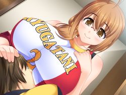 Rule 34 | 1boy, 1girl, ahoge, bare shoulders, breasts, brown eyes, brown hair, clothes writing, dutch angle, covered erect nipples, game cg, glasses, hair between eyes, hair over shoulder, huge breasts, lap pillow, sasakura yayoi, scrunchie, smile, solo focus, sportswear, track suit, unagimaru, volley coaching!, volleyball uniform