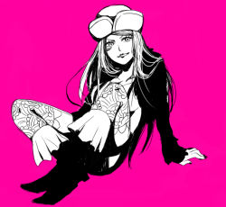 Rule 34 | 1girl, boots, chatter, color background, female focus, hat, jacket, jewelry bonney, lipstick, long hair, makeup, one piece, patterned legwear, piercing, pink theme, sabaody archipelago, sitting, solo, suspenders, thighhighs