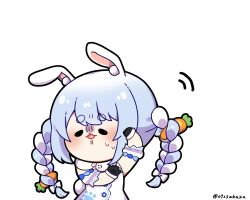 Rule 34 | 0725akaba, 1girl, animal ear fluff, animal ears, arm up, black gloves, blue hair, blush, bow, braid, carrot hair ornament, commentary request, detached sleeves, don-chan (usada pekora), dress, food-themed hair ornament, fur-trimmed gloves, fur trim, gloves, hair bow, hair ornament, highres, hololive, long hair, multicolored hair, open mouth, puffy short sleeves, puffy sleeves, rabbit ears, rabbit girl, rabbit tail, short sleeves, simple background, solo, sweat, tail, twin braids, twintails, twitter username, two-tone hair, usada pekora, usada pekora (1st costume), very long hair, virtual youtuber, white background, white bow, white dress, white hair, white sleeves