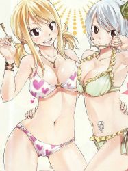 Rule 34 | 2girls, bikini, blonde hair, breasts, brown eyes, fairy tail, hand on own hip, jewelry, key, large breasts, lucy heartfilia, multiple girls, navel, necklace, swimsuit, tattoo, white hair, yukino aguria