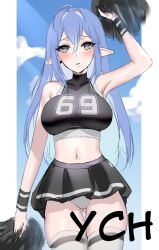 Rule 34 | 1girl, ahoge, armpits, black shirt, black skirt, blue eyes, blush, breasts, cheerleader, commentary, crop top, cropped shirt, english commentary, gluteal fold, hair behind ear, hair intakes, highres, holding, holding pom poms, long hair, looking at viewer, medium breasts, midriff, original, panties, parted lips, pointy ears, pom pom (cheerleading), pom poms, shirt, sketch, skirt, sleeveless, sleeveless shirt, solo, thighhighs, underwear, very long hair, white panties, white thighhighs, wristband, zamrsha