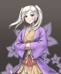 1girl absurdres alternate_costume asagiri_gen asagiri_gen_(cosplay) black_background closed_mouth commentary commentary_request cosplay crossed_arms dr._stone english_commentary eyes_of_grima fire_emblem fire_emblem_awakening floral_background flower grey_hair grimaisbestwaifu highres looking_at_viewer medium_hair mixed-language_commentary nintendo parted_bangs purple_flower robin_(female)_(fire_emblem) robin_(fire_emblem) signature smile solo twintails upper_body yellow_eyes