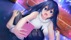 Rule 34 | 1girl, :o, ahoge, between breasts, blue eyes, blue hair, blush, boku no mirai wa koi to kakin to, breast smother, breasts, cellphone, face to breasts, game cg, hair between eyes, highres, holding, holding phone, indoors, large breasts, light blush, long hair, looking at viewer, lying, lying on person, mahara shiori, nironiro, on stomach, open mouth, original, phone, sleeveless, turtleneck