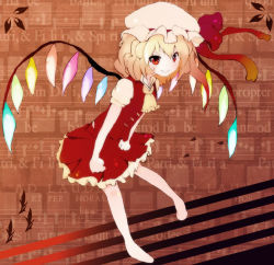 Rule 34 | 1girl, bad id, bad pixiv id, barefoot, blouse, brown background, collared shirt, ebannsu9, embodiment of scarlet devil, female focus, flandre scarlet, full body, hair between eyes, hat, mob cap, shirt, solo, standing, standing on one leg, touhou, white hat, white shirt, wings