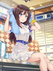 Rule 34 | 1girl, arms up, bag, bench, blue bow, blue eyes, blue sky, blush, bow, breasts, brown hair, cloud, cloudy sky, collared shirt, commentary, day, dress shirt, drying, drying hair, hair between eyes, highres, indoors, long hair, looking at viewer, mosta (lo1777789), on bench, original, parted lips, plaid, shirt, short sleeves, sitting, skirt, sky, small breasts, solo, sparkle, sunlight, symbol-only commentary, towel, very long hair, wet, wet clothes, wet shirt, wet skirt, white shirt, white skirt, window