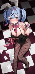 Rule 34 | 1girl, :q, absurdres, amemoshi, animal ears, arm support, bare shoulders, black footwear, black leotard, black pantyhose, black ribbon, blue eyes, blue hair, blush, bow, bowtie, breasts, card, checkered floor, cleavage, closed mouth, cuffs, detached collar, fake animal ears, fishnet pantyhose, fishnets, foot out of frame, from above, gradient hair, hair intakes, hair ornament, hair ribbon, hand up, handcuffs, hatsune miku, high heels, highleg, highleg leotard, highres, knees together feet apart, large breasts, leaning to the side, leotard, looking at viewer, multicolored hair, nail polish, pantyhose, pink hair, pink nails, pink pupils, pink ribbon, playboy bunny, playing card, rabbit ears, rabbit hole (vocaloid), red bow, red bowtie, ribbon, short hair, short twintails, sitting, skindentation, smile, solo, thigh strap, thighs, tongue, tongue out, twintails, vocaloid, wrist ribbon, x hair ornament