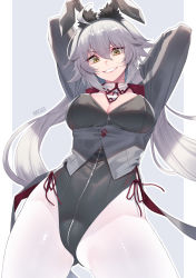 Rule 34 | 1girl, ahoge, animal ears, arms up, breasts, cleavage, fake animal ears, fate/grand order, fate (series), grey hair, highres, jeanne d&#039;arc (fate), jeanne d&#039;arc alter (avenger) (fate), jeanne d&#039;arc alter (fate), jjune, large breasts, leotard, long hair, pantyhose, playboy bunny, rabbit ears, signature, smile, solo, white pantyhose, yellow eyes
