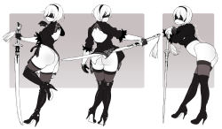 Rule 34 | 1girl, absurdres, ass, black dress, black footwear, black thighhighs, blindfold, boots, breasts, character name, commentary, copyright name, dress, from behind, from side, full body, gloves, hair ornament, hairband, high heels, highres, holding, holding weapon, long sleeves, looking at viewer, mole, mole under mouth, monochrome, multiple views, neyuki rei, nier:automata, nier (series), panties, puffy sleeves, reverse grip, short dress, short hair, simple background, sword, thigh boots, thighhighs, underwear, weapon, white background, 2b (nier:automata)