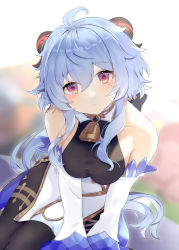 Rule 34 | 1girl, :o, ahoge, bare shoulders, bell, bent over, black gloves, black legwear, blue hair, blurry, blurry background, blush, breasts, chieezuik, chinese knot, collarbone, cowboy shot, curled horns, detached sleeves, dot nose, ganyu (genshin impact), genshin impact, gloves, gold trim, tucking hair, highres, horns, leaning, leaning forward, long hair, looking at viewer, medium breasts, multicolored eyes, neck bell, open mouth, sidelocks, solo, tassel, thighlet, very long hair, vision (genshin impact), white sleeves