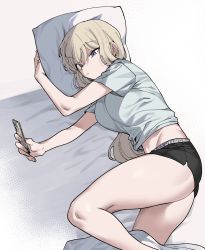 Rule 34 | 1girl, black shorts, blonde hair, blue eyes, breasts, cellphone, closed mouth, grey eyes, grey shirt, hair between eyes, highres, holding, holding phone, long hair, lying, medium breasts, on side, original, phone, pillow, shirt, short shorts, short sleeves, shorts, simple background, smartphone, solo, thighs, urec