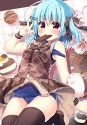 Rule 34 | &gt; &lt;, 1girl, bare shoulders, blue hair, blue one-piece swimsuit, blush, bow, box, brown bow, brown dress, brown footwear, brown sailor collar, brown thighhighs, candy, chocolate, chocolate bar, closed mouth, commentary request, dress, closed eyes, food, food in mouth, gift, gift box, hair bow, hair ornament, hairclip, hanamiya natsuka, hand up, loafers, looking at viewer, mouth hold, old school swimsuit, one-piece swimsuit, original, plaid, plaid bow, plaid dress, red eyes, sailor collar, school swimsuit, shoes, sleeveless, sleeveless dress, smile, solo, strap slip, swimsuit, swimsuit under clothes, thighhighs, two side up, v, wrist cuffs
