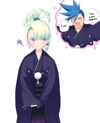 Rule 34 | 2boys, :d, asymmetrical hair, blue hair, blush, burrrntlemon, colored eyelashes, commentary, earrings, english text, fang, folded fan, folding fan, galo thymos, green hair, hair ornament, hakama, hand fan, haori, happy, high ponytail, highres, holding, holding fan, japanese clothes, jewelry, lio fotia, male focus, mohawk, multiple boys, official alternate costume, official alternate hairstyle, open mouth, pout, promare, purple eyes, short hair, sidecut, sidelocks, simple background, single earring, skin fang, smile, solo focus, swept bangs, symbol-only commentary, trap, triangle earrings, undercut, v-shaped eyebrows, white background