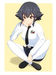 Rule 34 | 10s, 1girl, anzio school uniform, arm on knee, belt, black belt, black footwear, black hair, black necktie, black skirt, braid, brown eyes, closed mouth, commentary request, dress shirt, emblem, girls und panzer, head rest, highres, indian style, light smile, loafers, long sleeves, looking at viewer, miniskirt, necktie, outside border, pantyhose, pepperoni (girls und panzer), pleated skirt, ruka (piyopiyopu), school uniform, shadow, shirt, shoes, short hair, side braid, sitting, skirt, solo, v-shaped eyebrows, white pantyhose, white shirt, yellow background