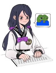 Rule 34 | 1girl, apu apustaja, bad hands, black eyes, black hair, black survival, bow, bowtie, character request, closed mouth, crying, crying with eyes open, hair ornament, hair scrunchie, hyejin (black survival), keyboard (computer), long hair, long sleeves, meme, mnnnya, pepe the frog, pink bow, pink bowtie, scrunchie, shirt, simple background, solo, tears, typing, white background, white shirt