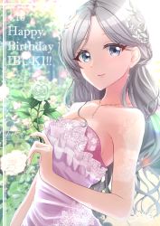 Rule 34 | 1girl, absurdres, bare shoulders, blue eyes, collarbone, d4dj, dated, dress, flower, from side, green flower, grey hair, hair behind ear, happy birthday, highres, holding, holding flower, jewelry, kurumi nari, leaning back, long hair, looking at viewer, necklace, niijima ibuki, parted bangs, purple dress, smile, solo