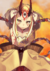 Rule 34 | 1girl, aka miso, bare shoulders, heracles (fate), blonde hair, claws, fate/grand order, fate (series), female focus, fire, horns, ibaraki douji (fate), japanese clothes, kimono, long hair, looking at viewer, off shoulder, oni, oni horns, red miso, short kimono, solo, tattoo, wide sleeves, yellow eyes, yellow kimono