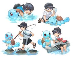 Rule 34 | 1boy, black hair, child, commentary request, creatures (company), eating, food, fruit, game freak, gen 1 pokemon, highres, male focus, newo (shinra-p), nintendo, open mouth, pet play, pokemon, pokemon (creature), pouring, sandals, shell, shorts, smile, squirtle, stepping stones, water, watermelon